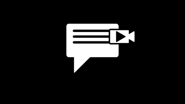 Video Message Chat Bubble Icon with Camera Play Symbol, Online Video Communication Concept, Live Streaming Media Message Sign, Digital Social Media Chat Notification Flat Icon on Dark Background.