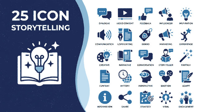 Modern flat storytelling icon set banner with 25 vector icons for communication creativity and presentation