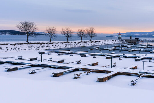 Marina by Lake Mj&oslash;sa at Gj&oslash;vik in winter.