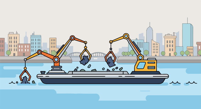 Two excavators on a barge dredging a river in front of a city skyline, construction and industry concept