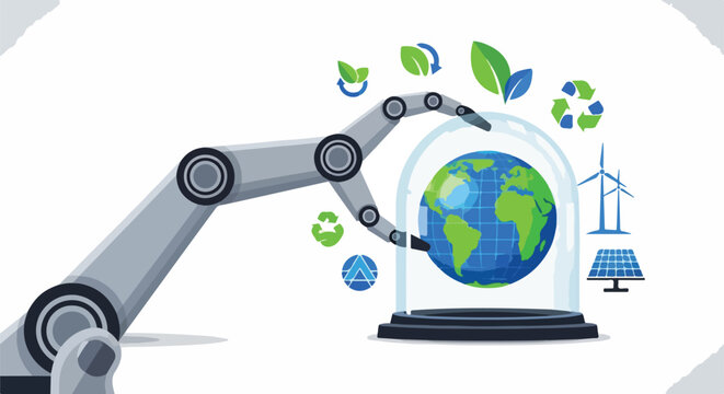 Robotic arm protecting planet Earth under glass dome with renewable energy symbols and leaves, concept of environmental technology