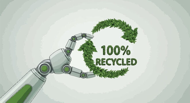 Robotic hand holding a 100% recycled symbol made of green leaves and arrows, representing sustainability and eco-friendly technology