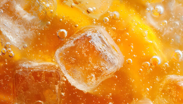 Close up iced tea texture. Delicious cold orange beverage with ice cube. Refreshing liquid pattern background. Summer drink concept.