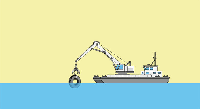 Crane barge lifts tire from water, environmental cleanup, industrial marine operations, recycling concept