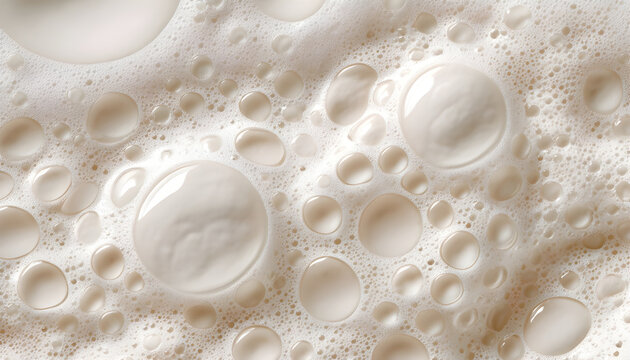 White foam with liquid drops creates a food pattern. Abstract milk texture for a food background. Creamy fluid for beverage, drink.