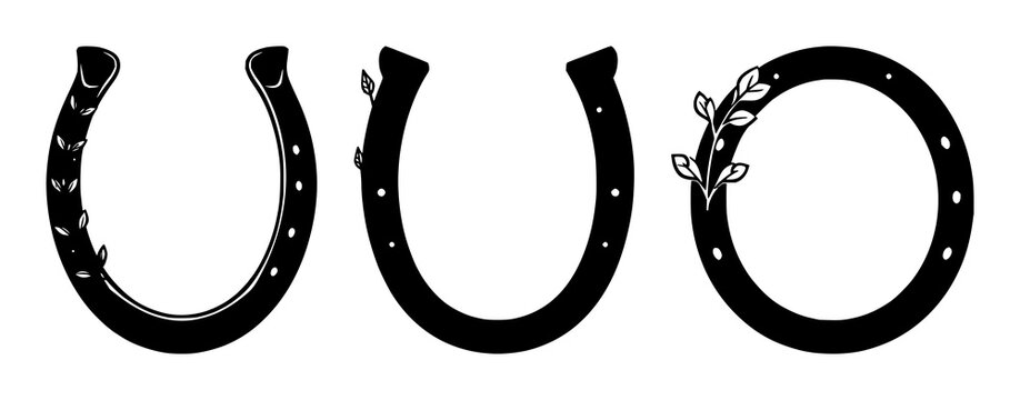 Horseshoe set with minimalist line art featuring leafy sprigs, small dots, black outlines with white background and monochrome palette