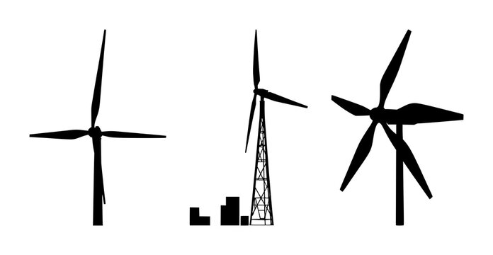 Vertical axis wind turbine set with a solid black silhouette featuring renewable energy, urban power generation, sustainable technology with modern design and geometric shape