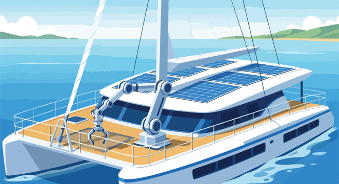 Futuristic solar-powered catamaran sailboat with an advanced robotic arm on deck, showcasing sustainable marine technology and innovation.