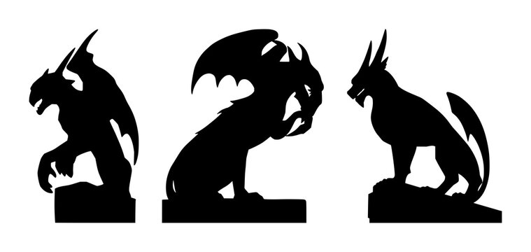 Stone gargoyle set with solid black silhouette on white background featuring gothic architecture, sharp perched pose, stone creature with silhouette and gravestone