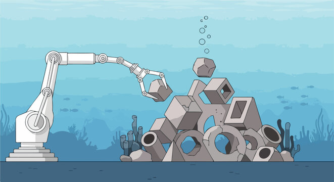 Futuristic robotic arm underwater meticulously assembling an artificial reef, symbolizing ocean restoration and innovative marine science.