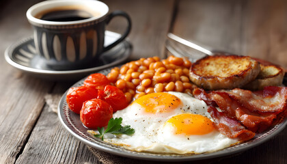 Fototapeta premium Hearty breakfast featuring British style eggs bacon and freshly made coffee