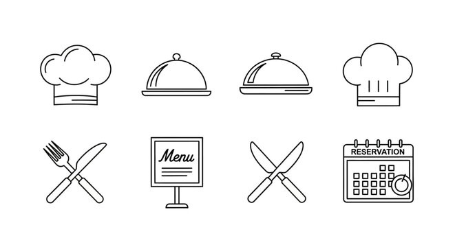 Restaurant chef hat and utensils icons.