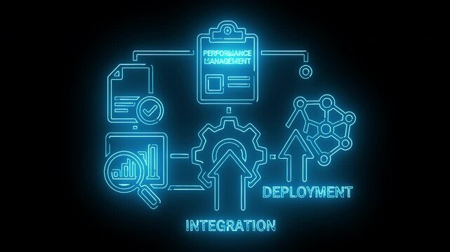 Neon blue flowchart diagram with integration and deployment icons on a black background with a futuristic feel.