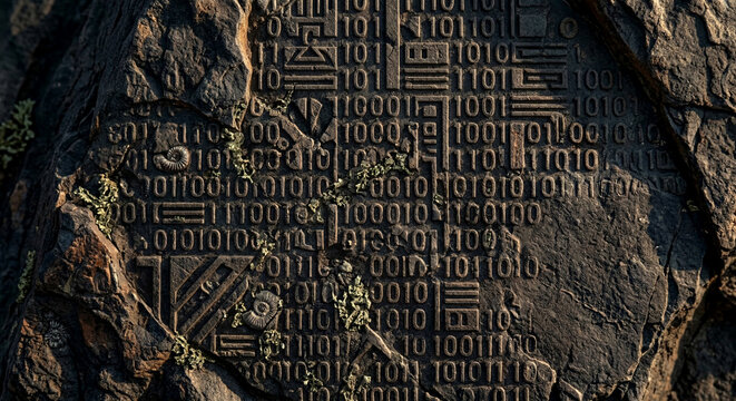 Macro texture of a fossilized digital archive with engraved binary code and ancient ammonites on a rugged stone surface, conceptual organic technology background with copy space