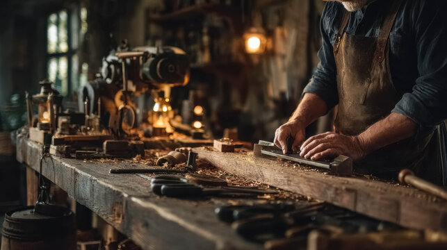 Craftsman sharpening garden tools in rustic workshop