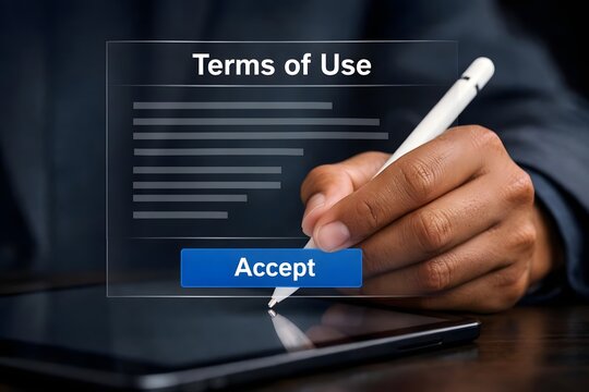 Businessman Sign Terms of use concept, reading terms and conditions of website or service before clicking button agree. Terms and conditions of contract