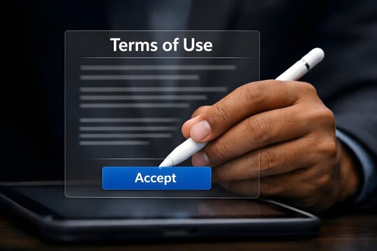 Businessman Sign Terms of use concept, reading terms and conditions of website or service before clicking button agree. Terms and conditions of contract