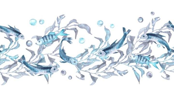 A seamless horizontal border of blue and gray seashells and sea urchins with seaweed, fish, and bubbles, hand-drawn in watercolor on an isolated background. Simple clip art of underwater objects