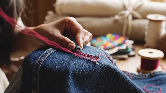 Hands mending ripped denim jeans with red thread