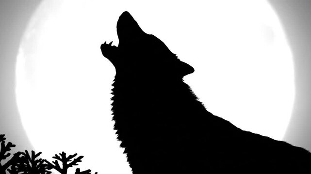 Howling wolf silhouette against large full moon at night