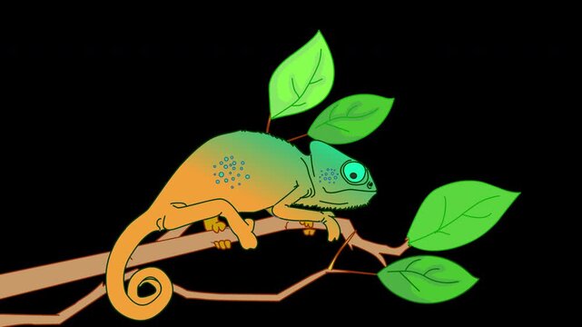 Chameleon adaptation animation. Ability to change color, tongue. Animal evolution samples, camouflage, environment. slowly motion. Alpha channel, transparent back. Footage video