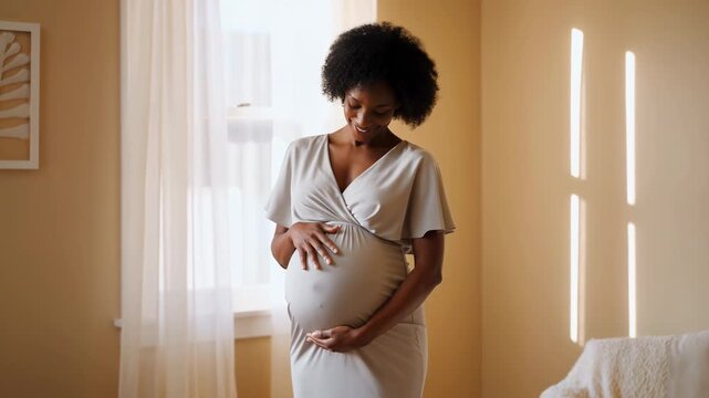 Pregnant Woman In Peaceful Surroundings. Expectant Mother Gently Holding Her Pregnant Belly