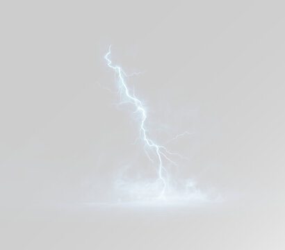 Lightning strike vertical electric discharge hitting ground with blue plasma energy arc and realistic smoke cloud