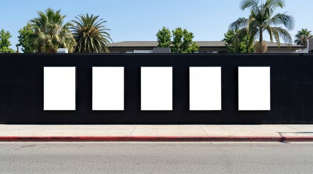 Five blank vertical poster mockups on a black street wall with palm trees and a sunny sky. Perfect for outdoor advertising, movie posters, and out-of-home marketing campaigns