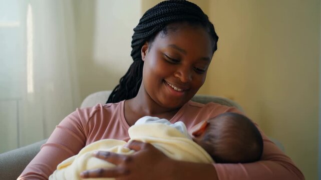 Mother Cradling Infant Peacefully. Intimate Moment Capturing Maternal Love And Comfort In Cozy Sunlit Room