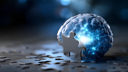 Glowing brain puzzle with one piece lifted, revealing data inside, symbolizing AI problem-solving and knowledge discovery, brain puzzle piece, AI knowledge reveal, puzzle brain