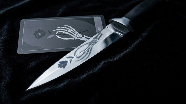 Reflection of a Death tarot card on a sharp steel blade