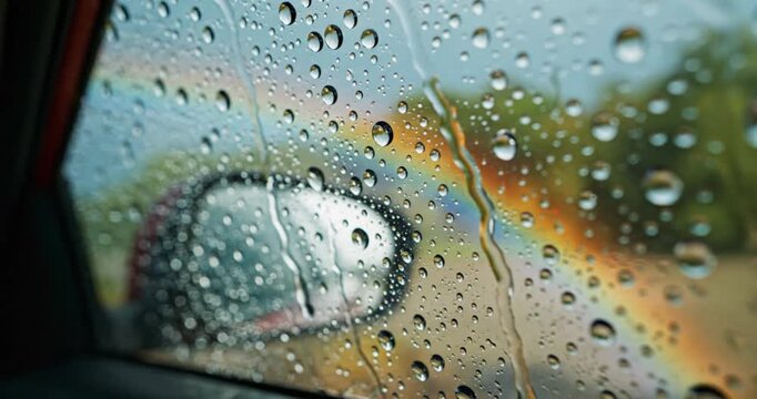 A captivating close-up view of numerous glistening raindrops clinging to the smooth surface of a car window. Each water droplet acts as a tiny lens, creating beautiful refractions and reflections, whi