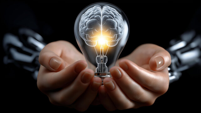 Artificial intelligence concept showing robotic hands, a glowing human brain, and a light bulb, symbolizing innovation and machine thinking, robot hands brain lightbulb, AI