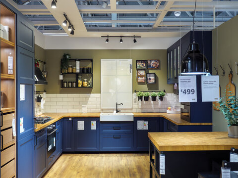 England, UK - September 9, 2025: Showroom kitchen units inside Ikea furniture store