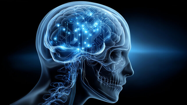 Abstract human skull and brain silhouette with digital circuit overlay glowing in blue tones, representing neural engineering and cognitive technology, skull circuit overlay,