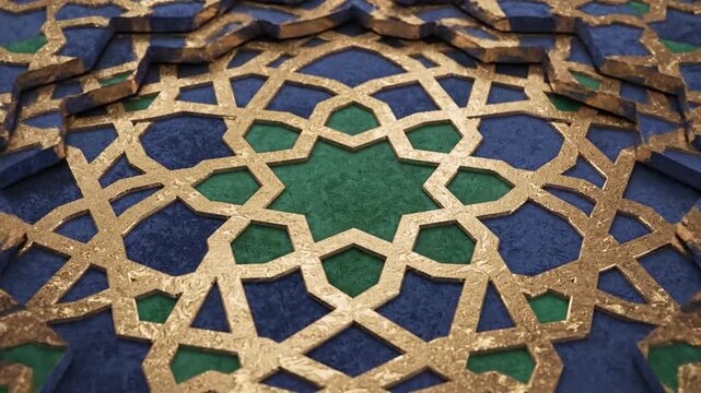 Golden geometric Islamic pattern on blue and green background
