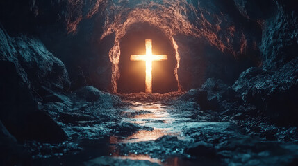 Fototapeta premium Glowing Christian cross emanates light at the end of dark, rocky cave symbolizing hope, faith, and resurrection against a backdrop of stone and shadow.