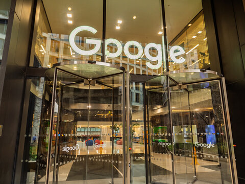 London, UK - February 1, 2026: Entrance to the Google London, Pancras Square corporate office building