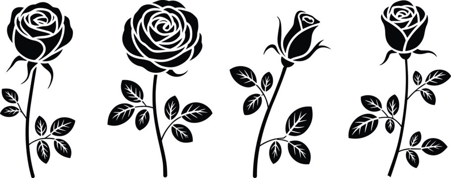 Black rose flower silhouette vector set with elegant stems and leaves isolated on white background for wedding and valentine design