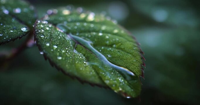 A captivating macro close-up reveals a vibrant green leaf, meticulously detailed with visible veins and serrated edges, glistening under a scattering of fresh water droplets. A prominent, perfectly sp