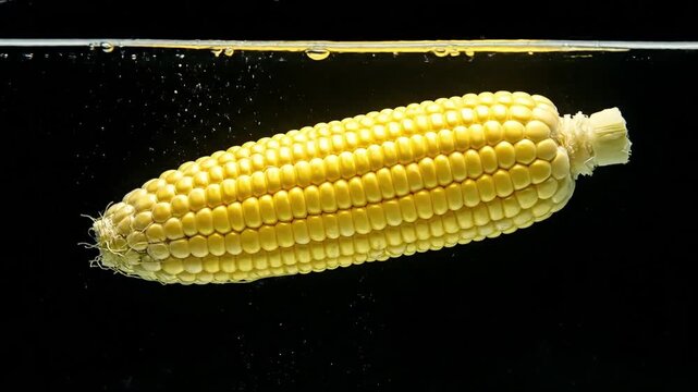 A single ear of fresh yellow corn floating in clear water against a dark background.