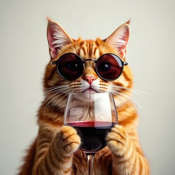 Ginger cat in sunglasses sips red wine from glass. Feline sommelier tastes drink, enjoys beverage in minimalist studio portrait. Whiskered mammal with cool shades.