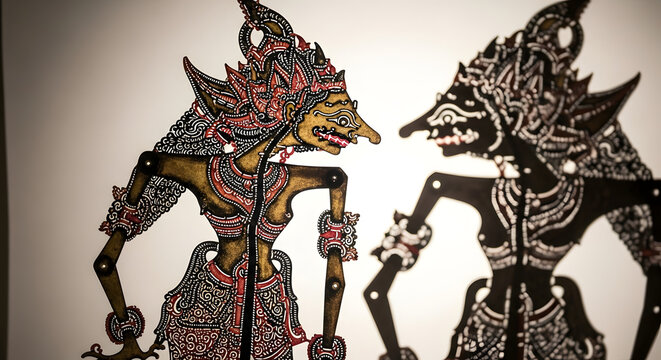 Traditional Indonesian Wayang Kulit Shadow Puppets Displayed.