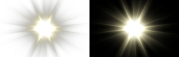 Vector light on isolated transparent and black background. Sun, rays of light png. Magic glow, golden light png.