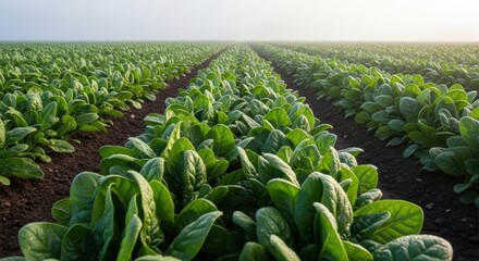 Fototapeta premium Lush Spinach Field Rows of Greenery Under the Sunlight.