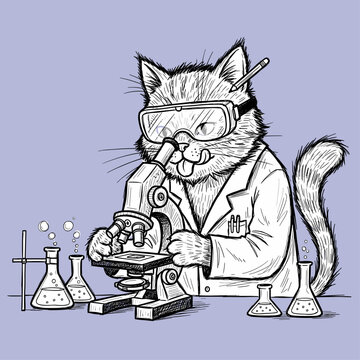 Cat wearing goggles in lab coat.