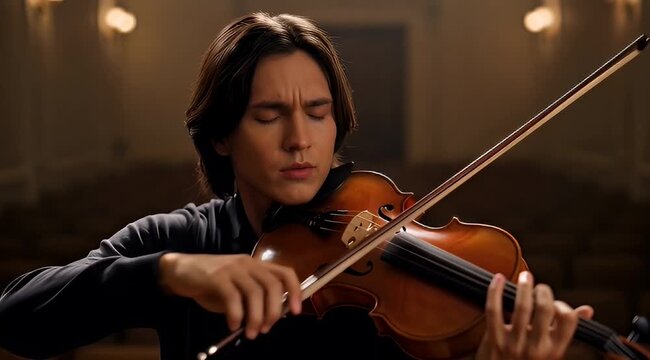 Focused young violinist playing the violin in a warm classical setting