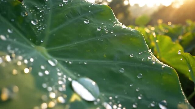 Taro leaves covered in dew drops under warm sunrise
