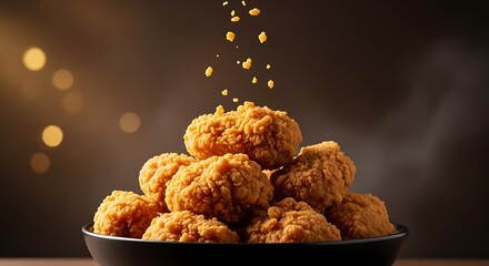 Crispy fried chicken pieces piled high on a black plate with golden crumbs falling against a dark background with bokeh lights