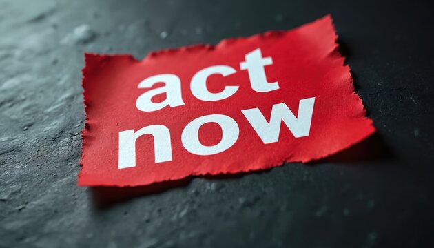 Red paper with white text says act now. This bold message is on dark textured surface. Closeup shot of urgent reminder for immediate response and swift action.